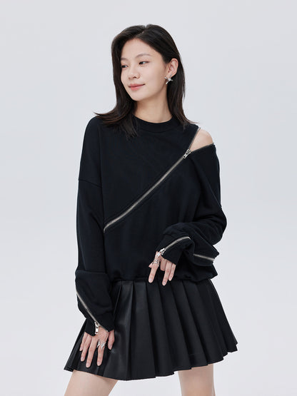 Diagonal Zip Design Long-Sleeve Top SHN0023