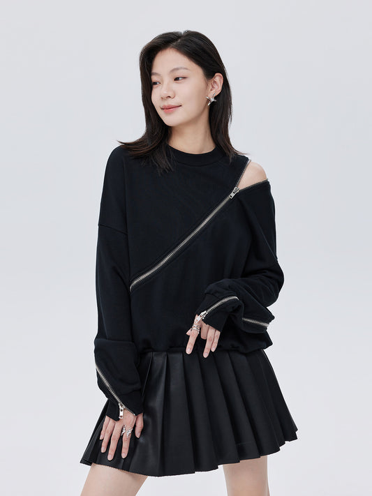 Diagonal Zip Design Long-Sleeve Top SHN0023