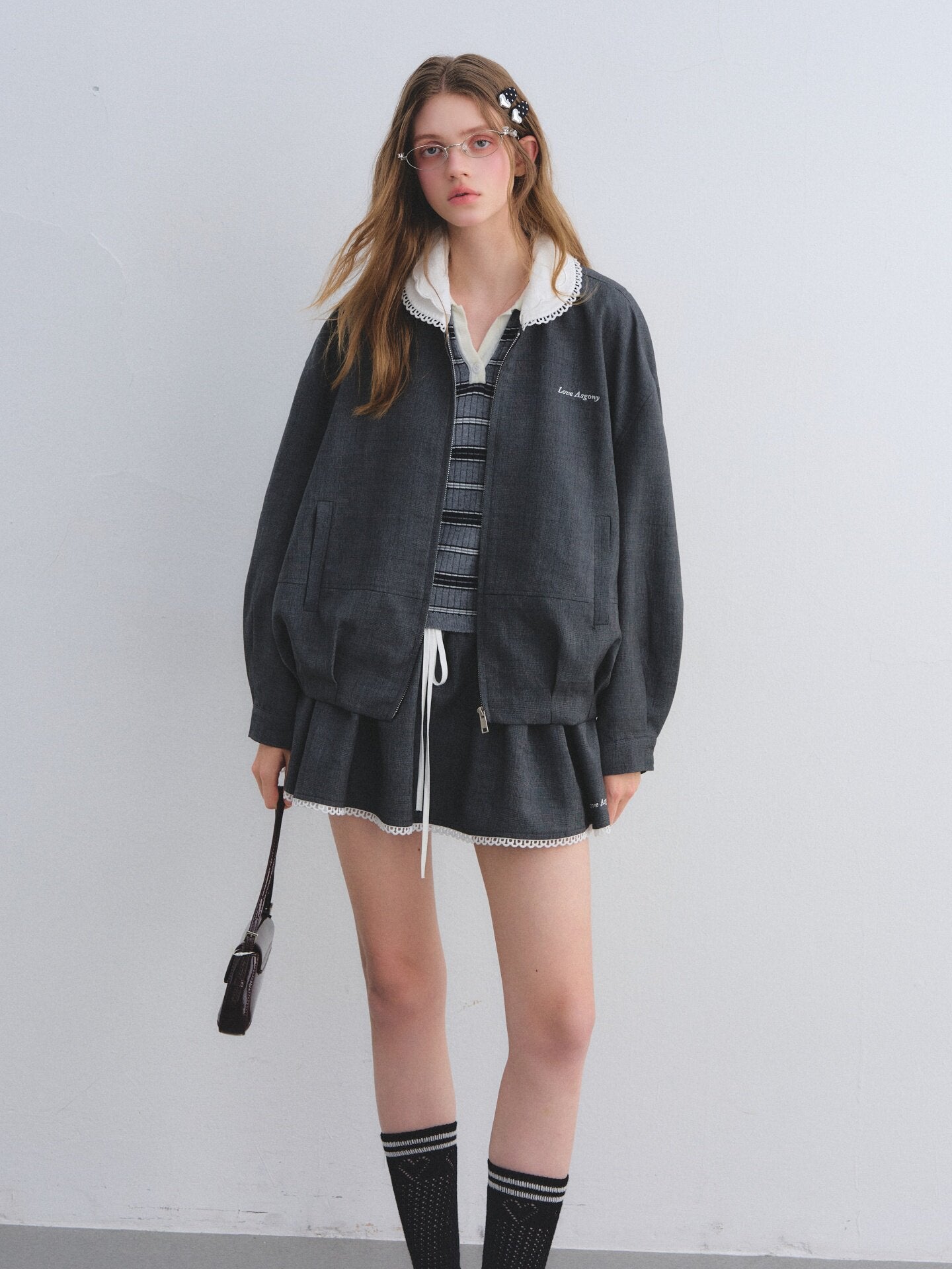 Lace Collar Zip Jacket / Flared Mini Skirt ASG0084