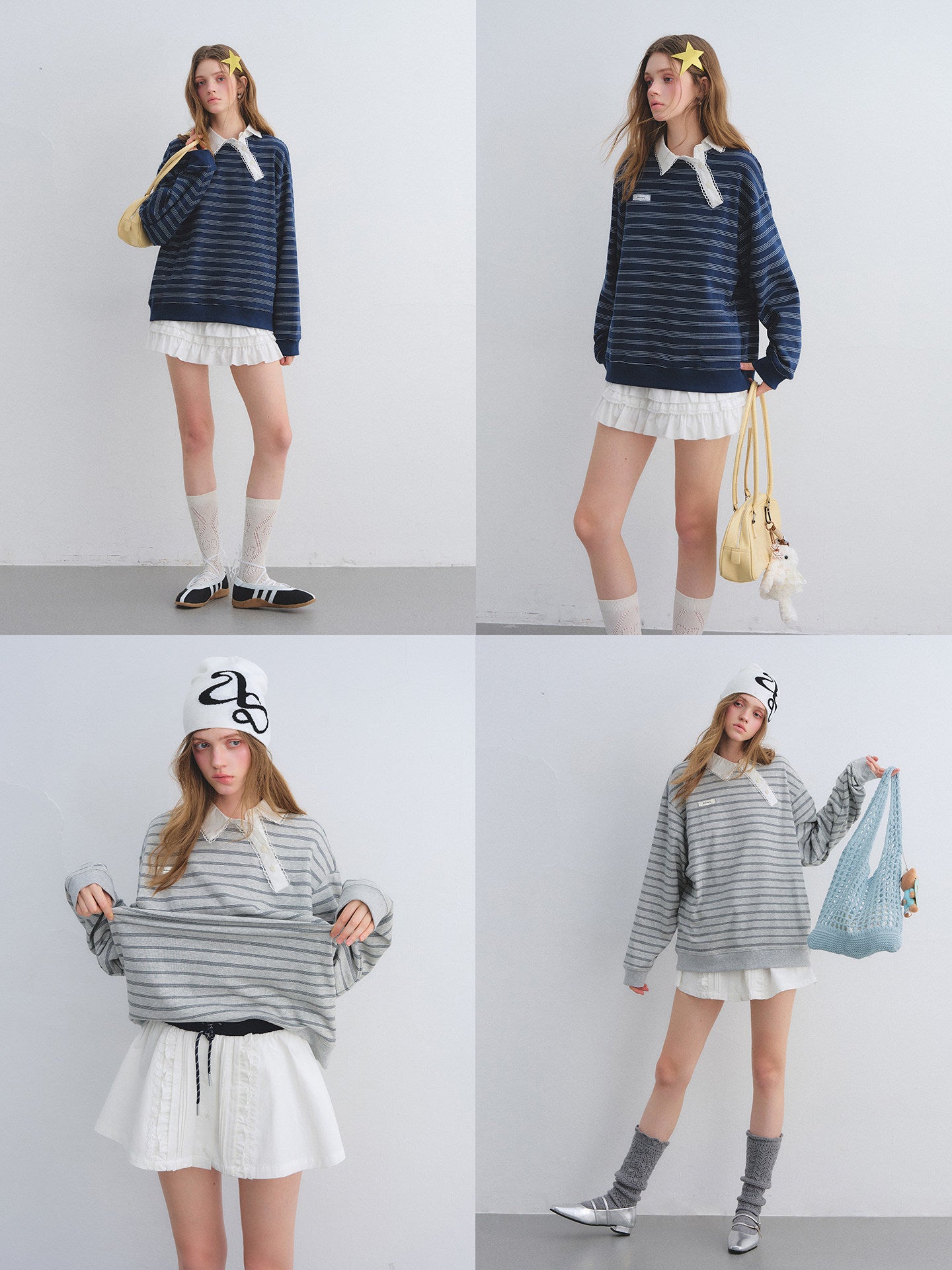 Button Lace Collar Striped Top ASG0085