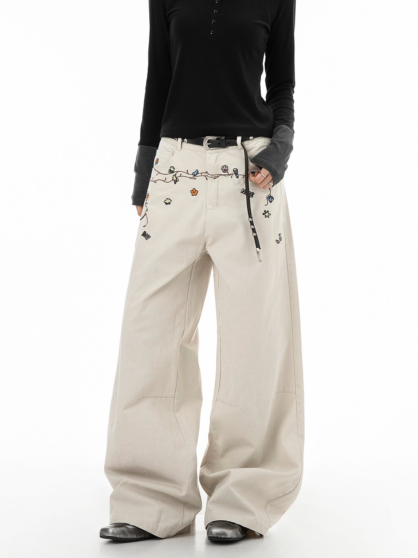 Floral Embroidery Wide Denim Pants ICM0116