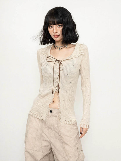 V-Neck Fringed Knit Cardigan ZRS0015