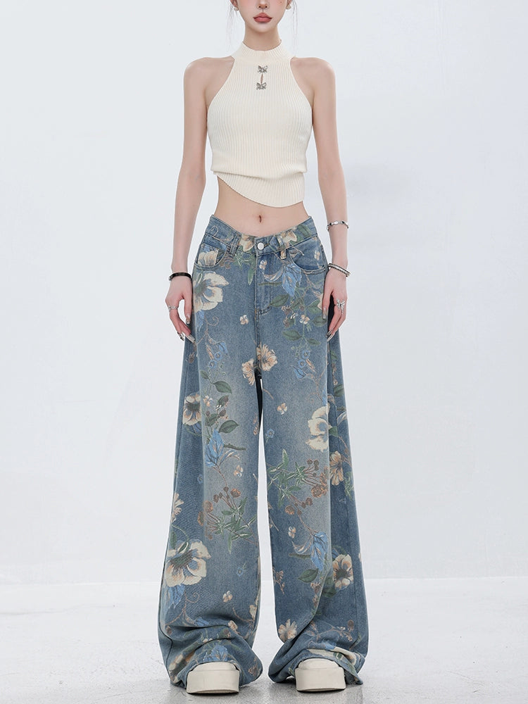 Flower Design Wide Denim Pants ABW0013