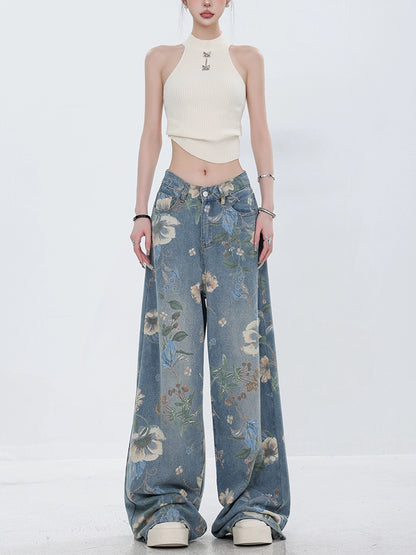 Flower Design Wide Denim Pants ABW0013