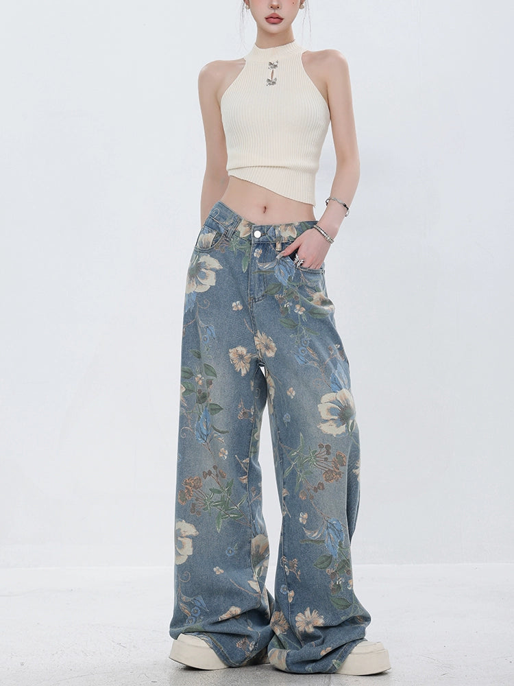 Flower Design Wide Denim Pants ABW0013