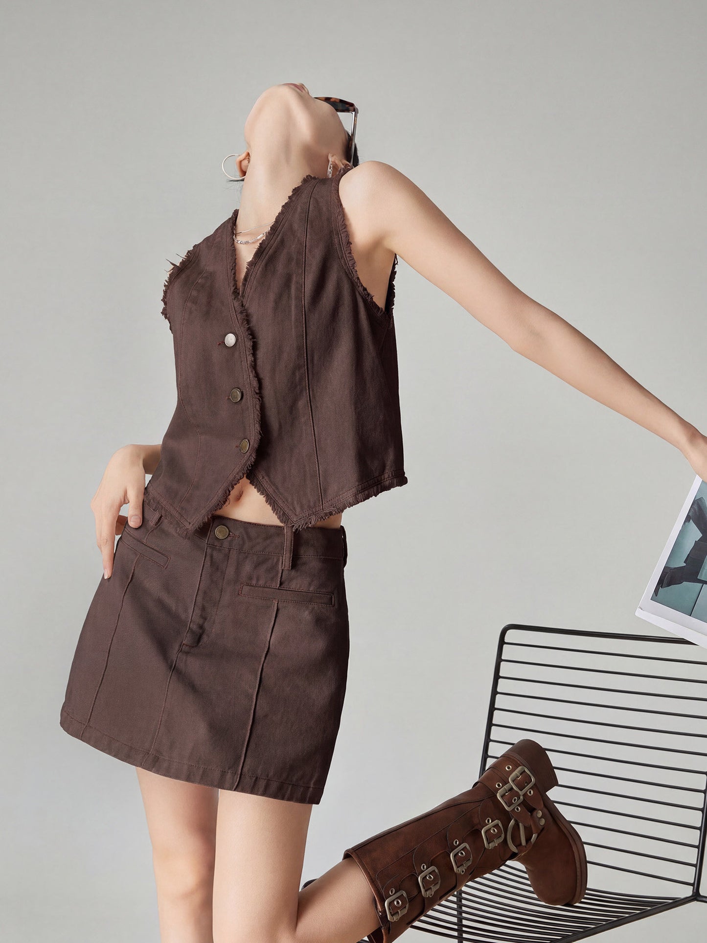 V-Neck Fringe Vest / Mini Skirt FER0324