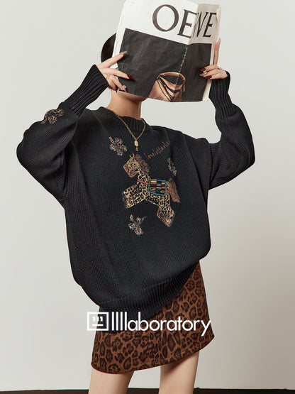 Horse Embroidered Knit Top / Leopard Mini Skirt LLA0634