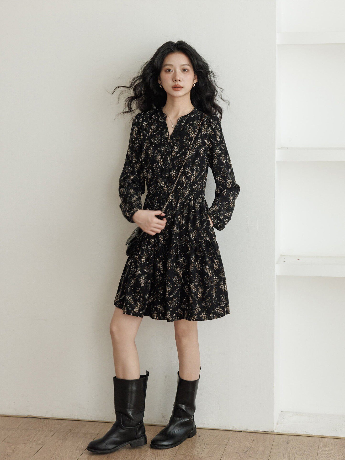 V-Neck Printed Waist Shirt Dress VAS0194