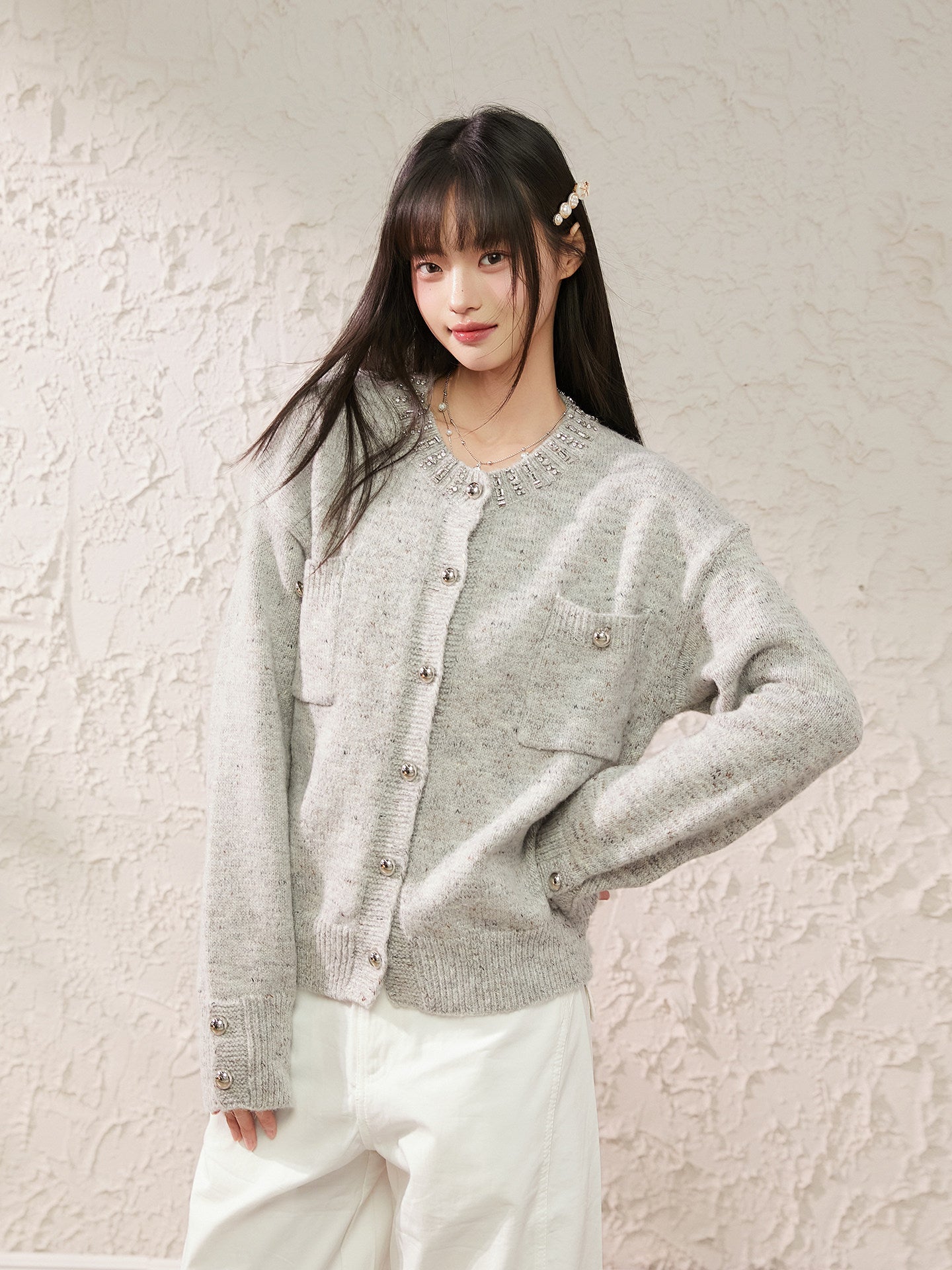 Speckled Rhinestone Knit Cardigan / Rhinestone Flash Jeans  KIP0010