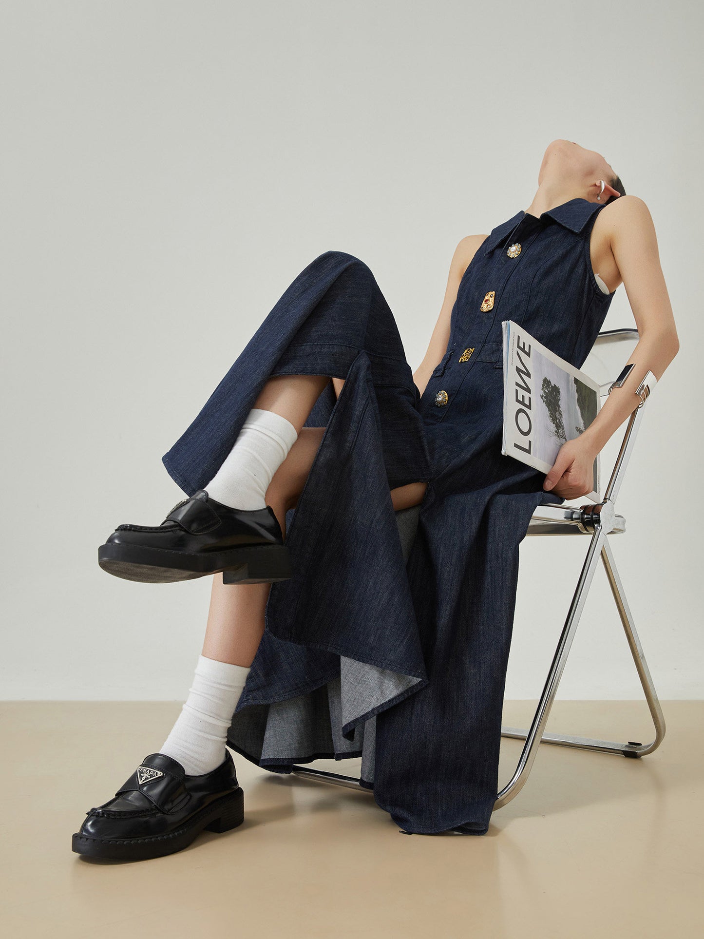 Gold Button Denim Sleeveless Dress FER0132