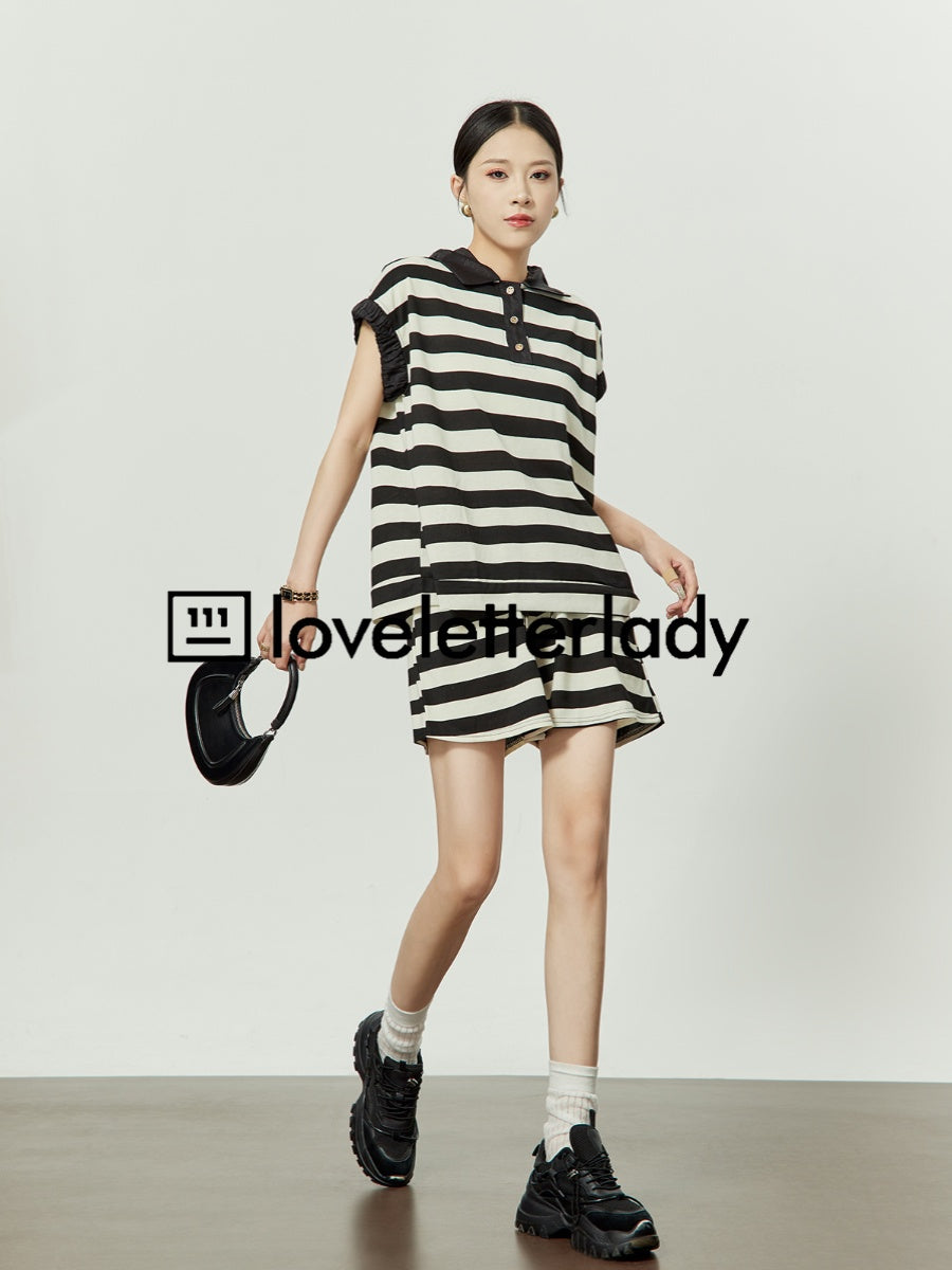 French Sleeve Striped Polo Shirt / Shorts LLA0245