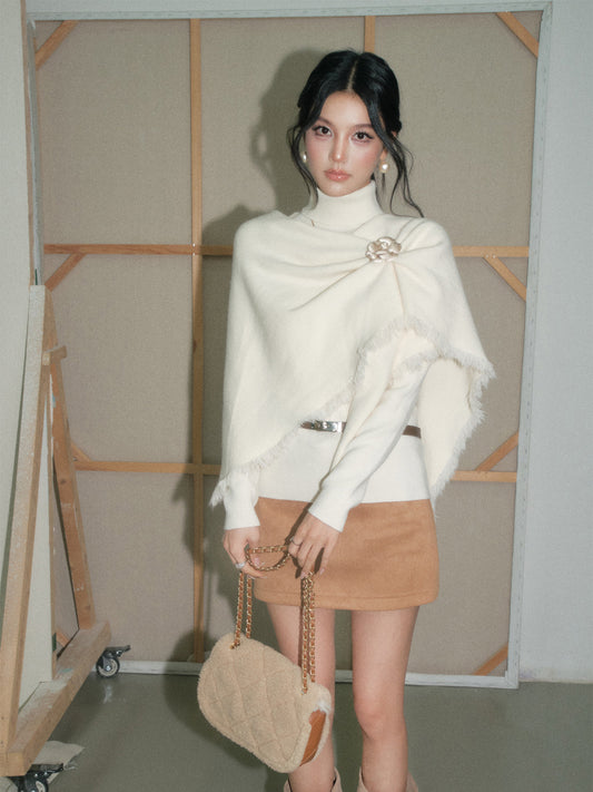 High-Neck Knit Fringe Poncho / Mini Skirt OLD0002