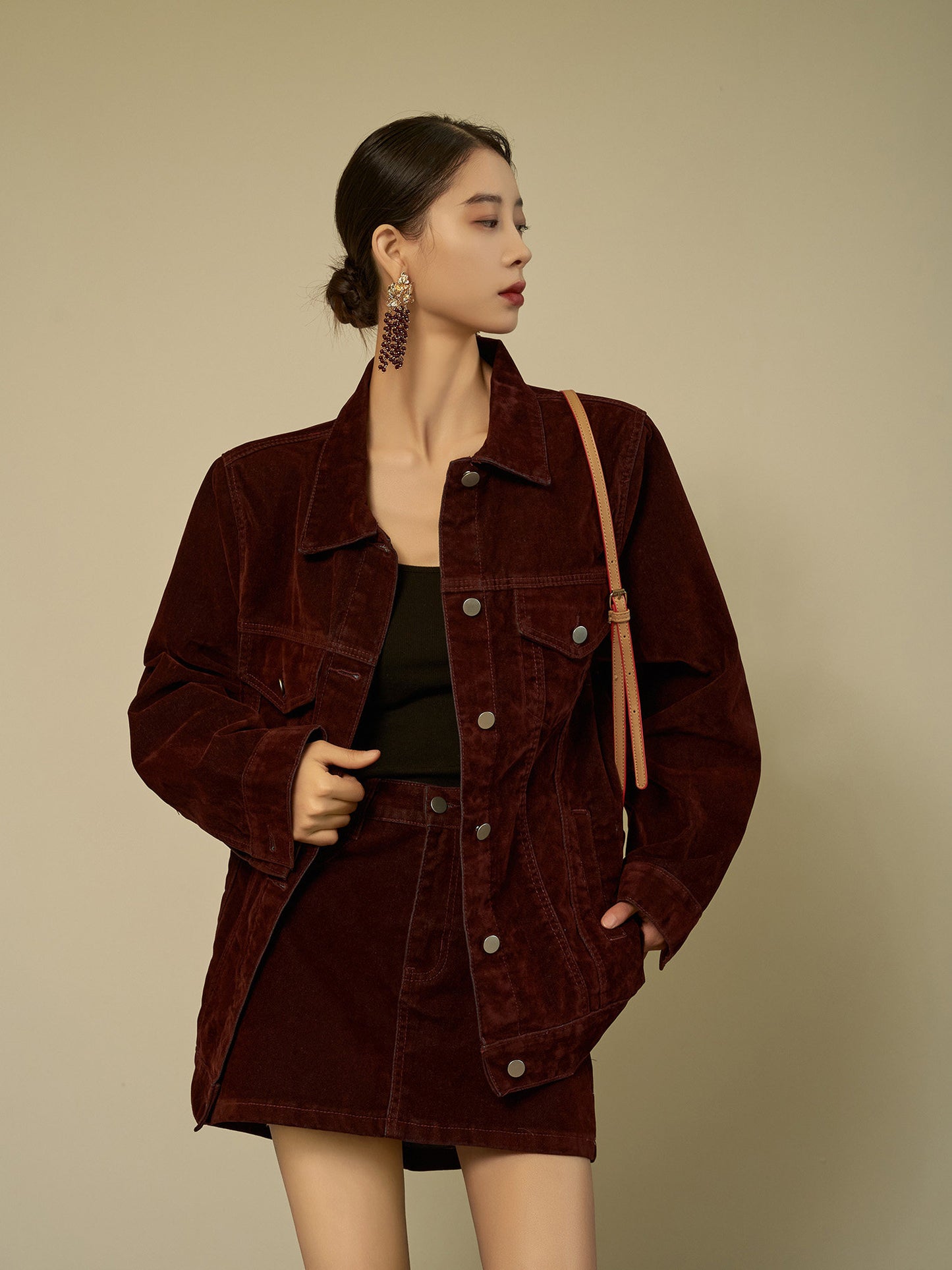 Wine Red Corduroy Jacket / Mini Skirt SUY0030