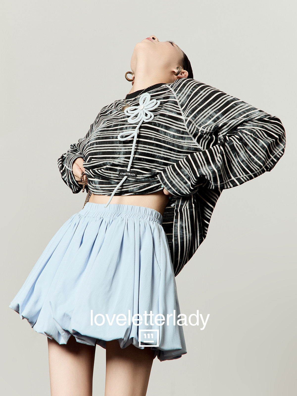 Black Striped 3D Blue Flower T-Shirt / Balloon Mini Skirt LLA0660