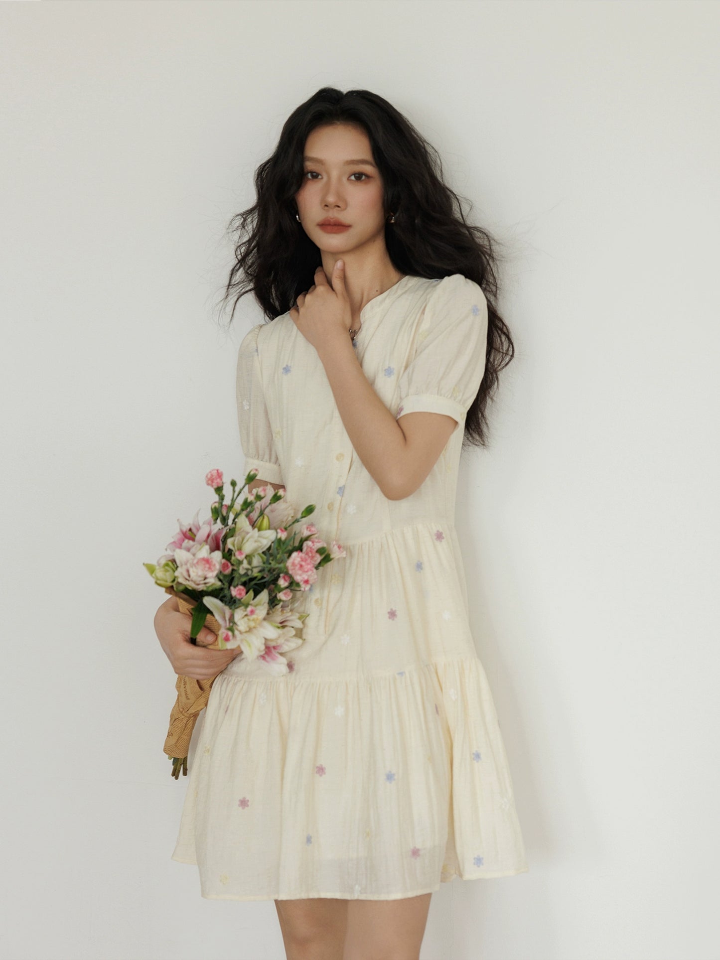 Flower Embroidery Tiered Mini Dress VAS0020
