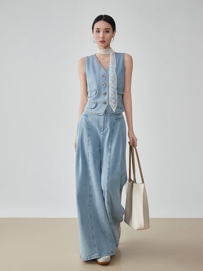 Denim V-neck Vest / Denim Wide Relaxed Pants FER0269
