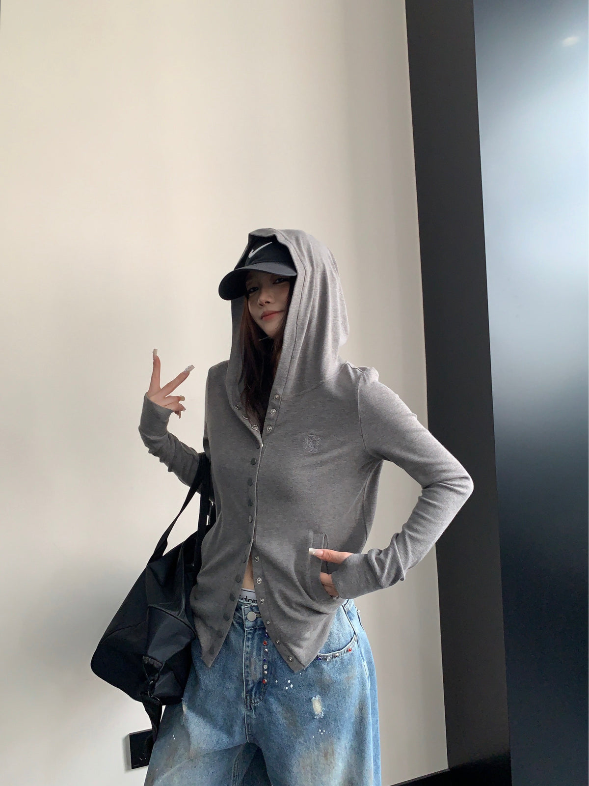 Snap Button Hooded Cardigan YLS1039