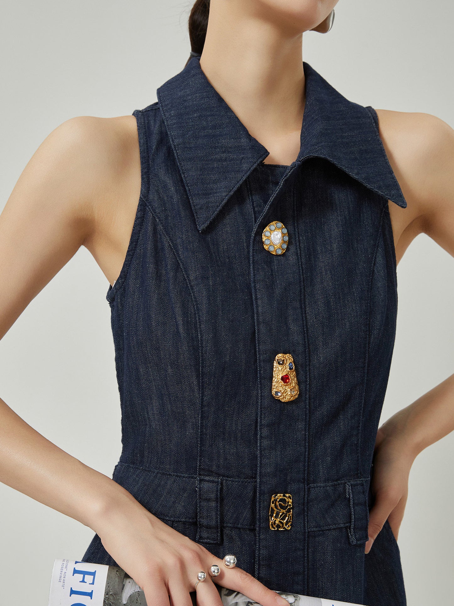 Gold Button Denim Sleeveless Dress FER0132