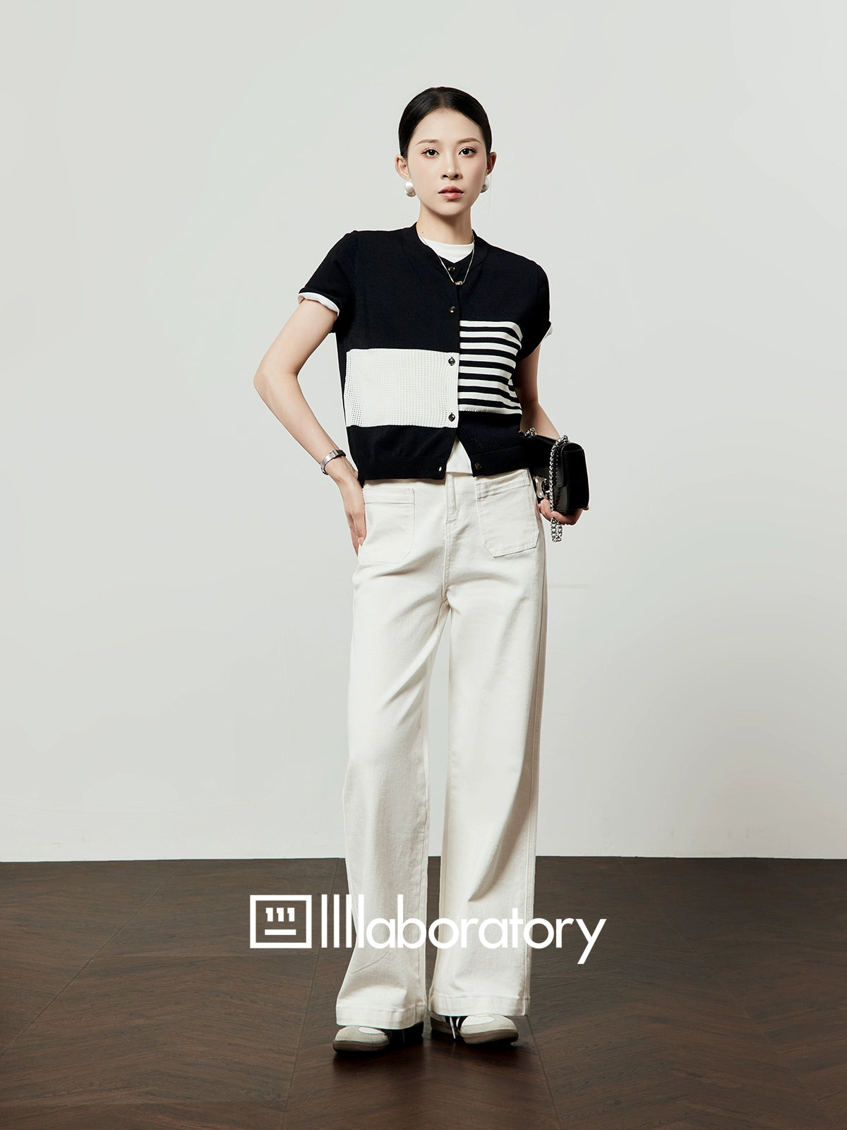 Color Block Stripe Knit / White Denim Pants LLA0496