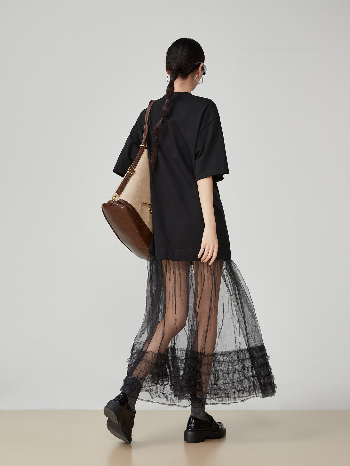Black Patchwork Mesh T-Shirt Dress FER0055
