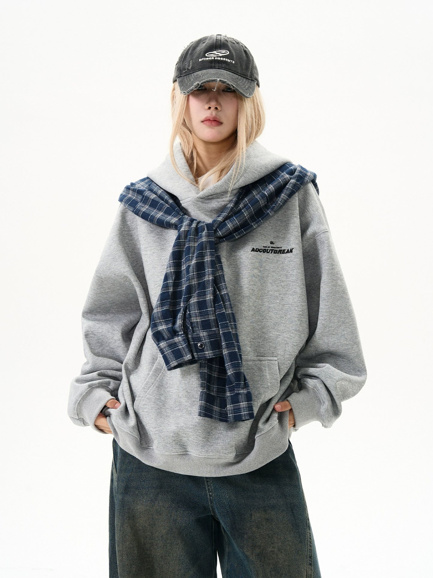 Checkered Shirt Layered Sweatshirt Hoodie MAD0012