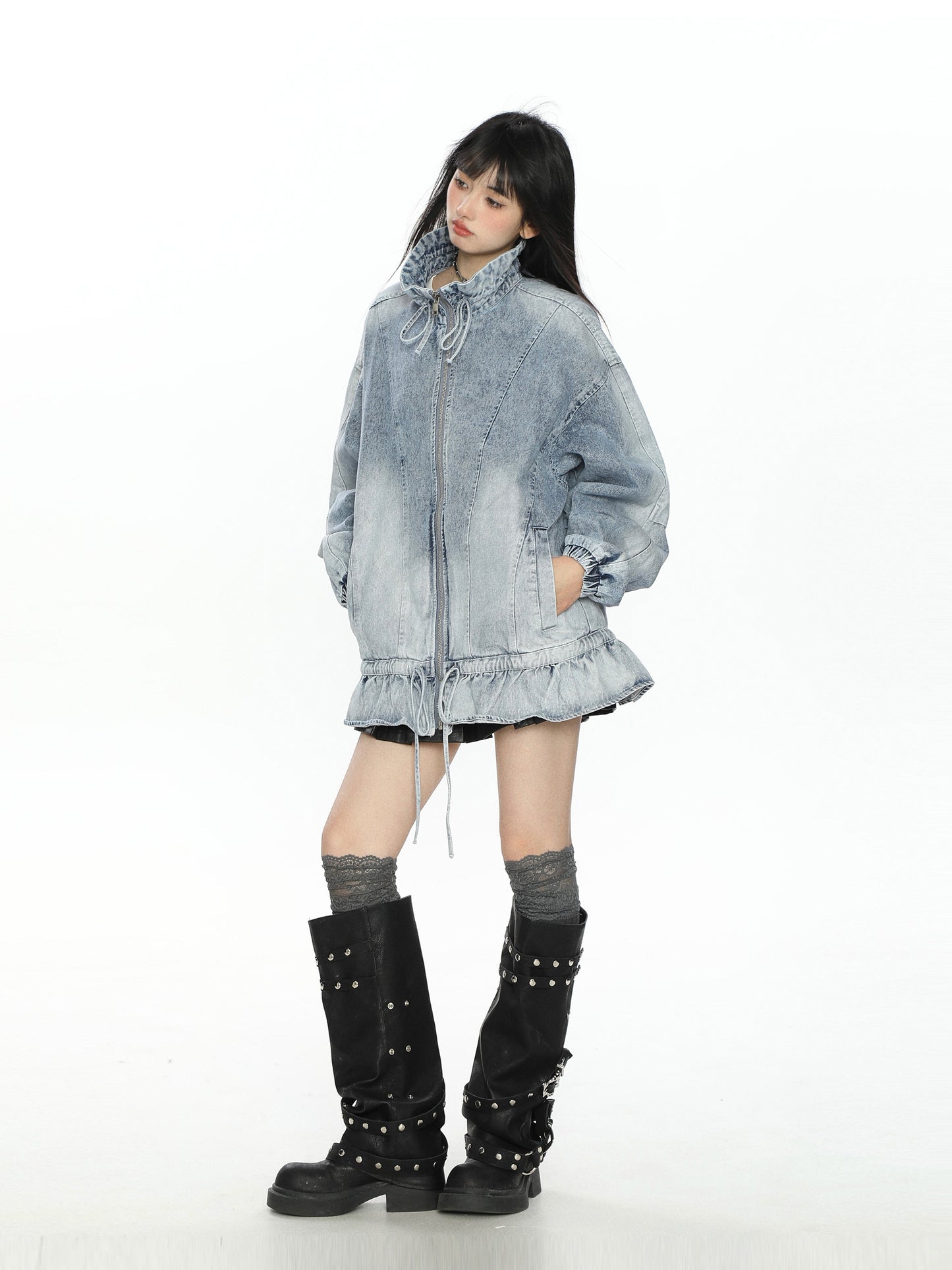 Stand Collar Flare Denim Jacket BGS0048