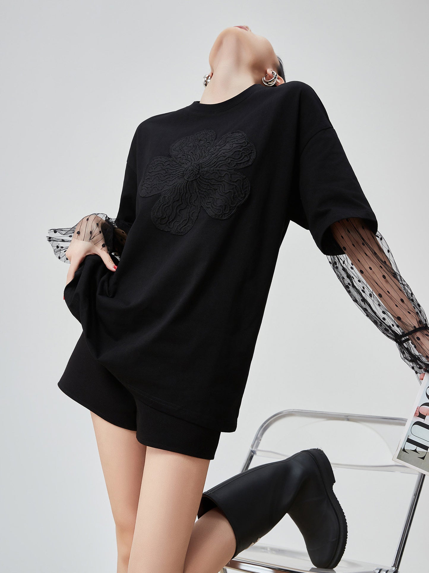 Lace Sleeve Round Neck T-Shirt FER0082