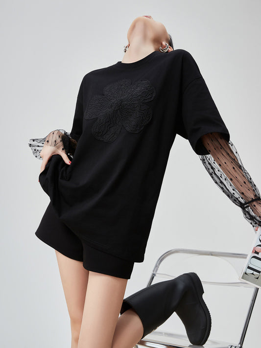Lace Sleeve Round Neck T-Shirt FER0082