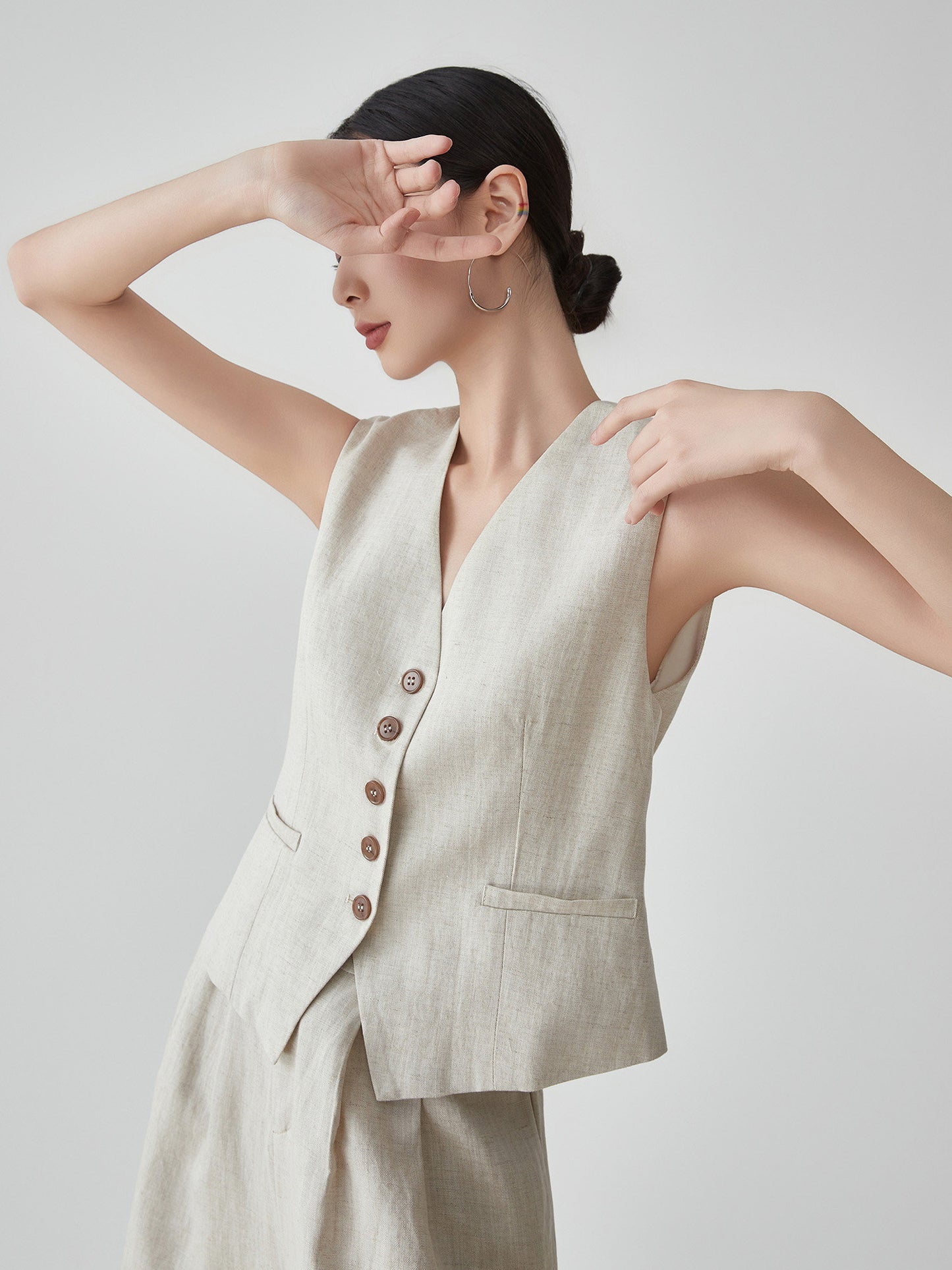 Linen V-Neck Vest / Wide Relaxed Pants FER0270