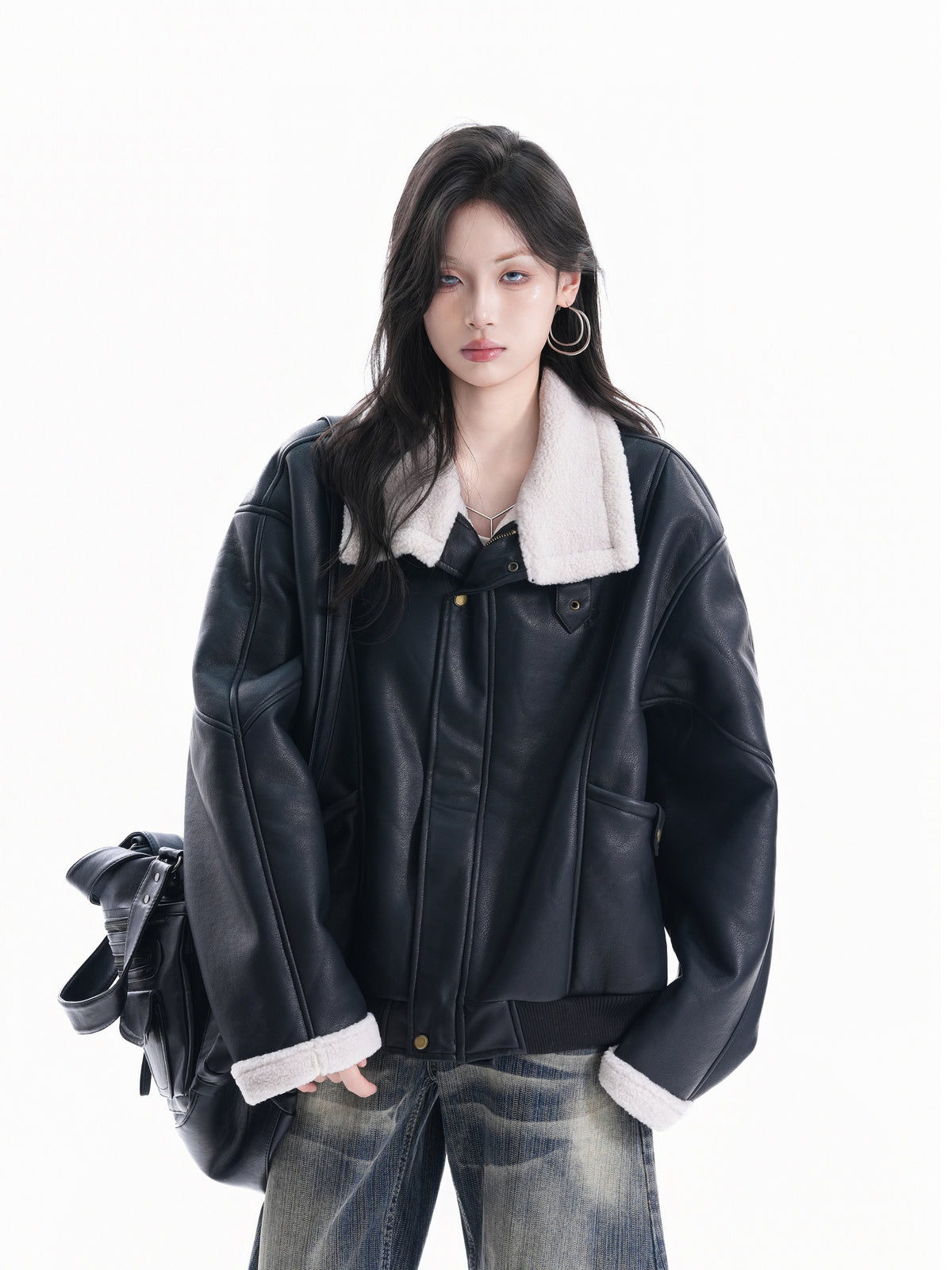 Stand Collar Faux Leather Jacket WLS0015
