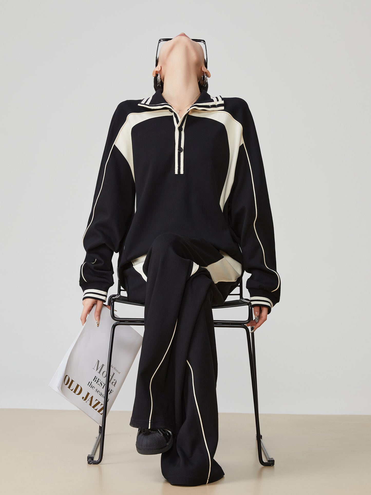 Color-Contrast Collared Long-Sleeve / Casual Wide Pants  FER0378