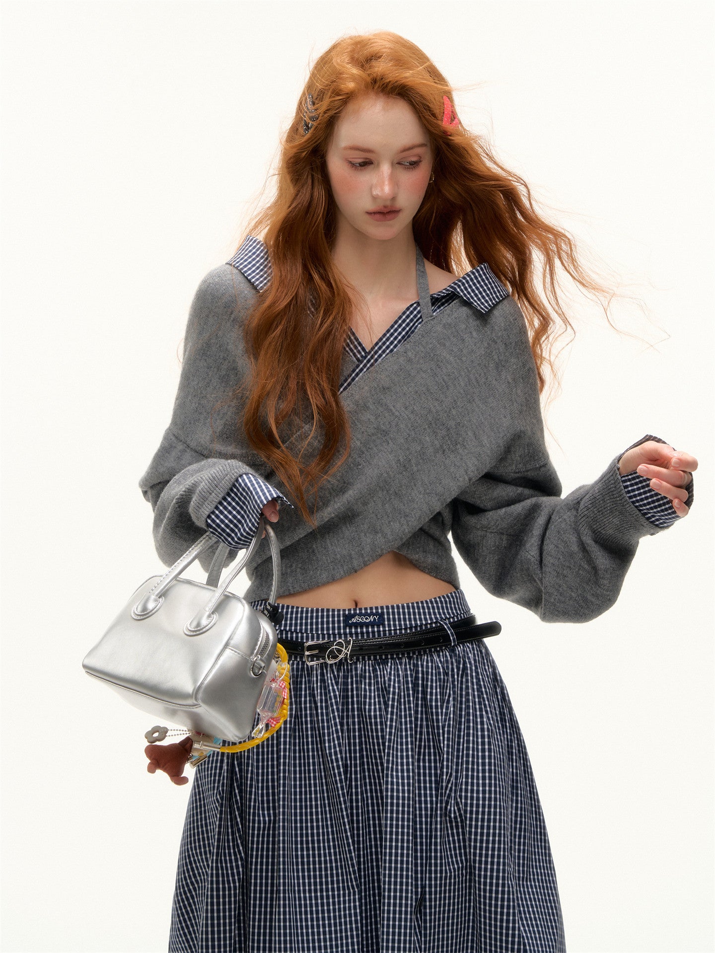 Front Wrap Knit Top/Gingham Check Skirt ASG0074