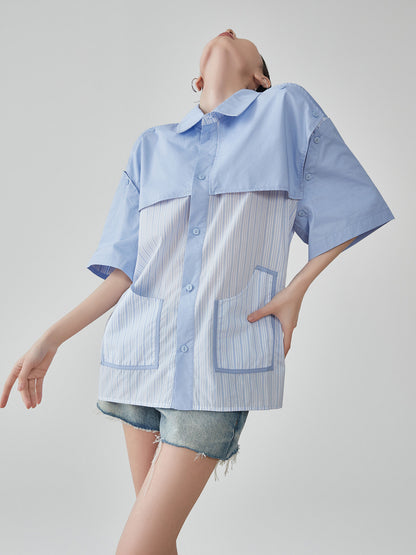 Blue Striped Patchwork Short-Sleeve Shirt FER0183