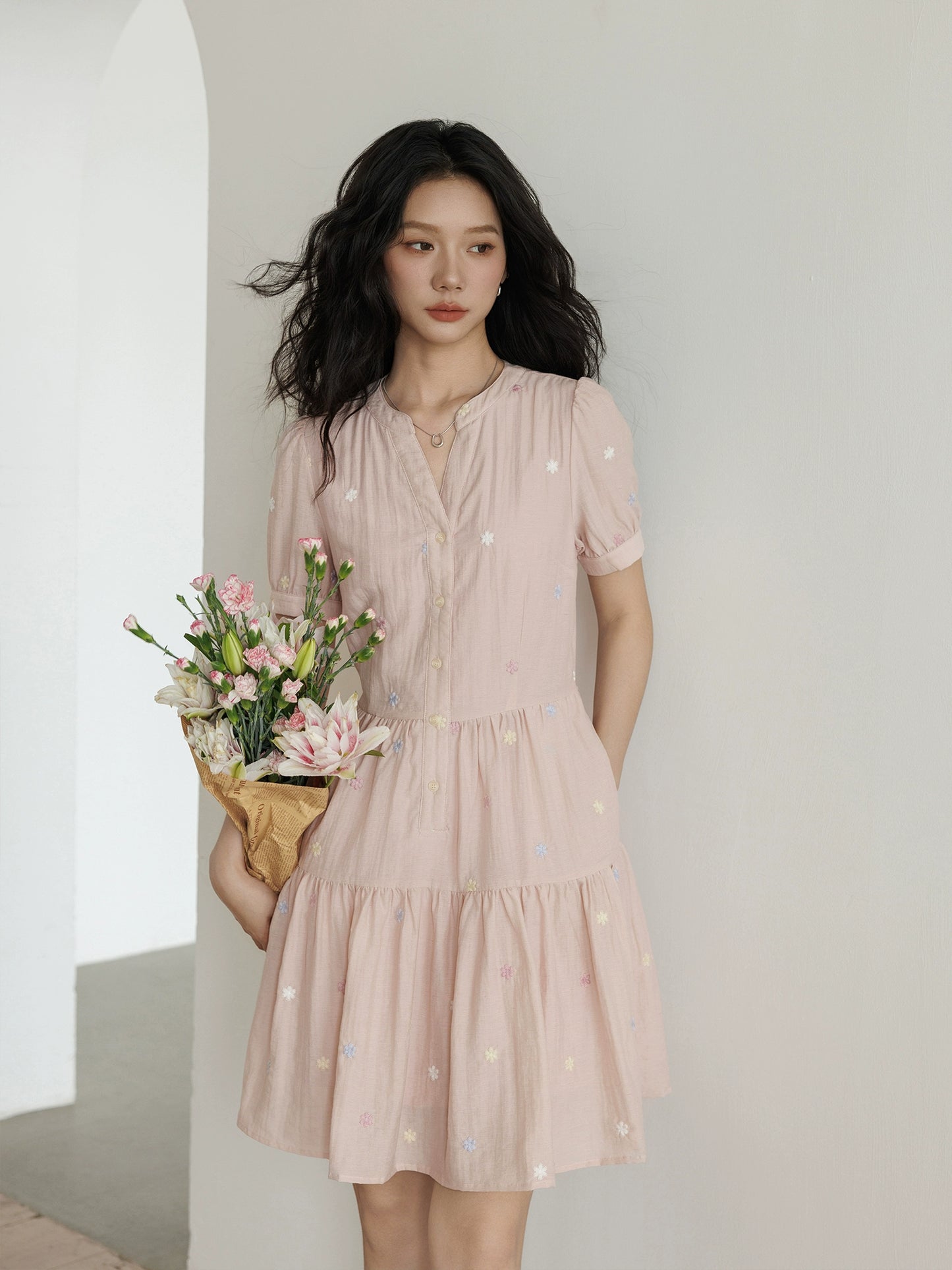 Flower Embroidery Tiered Mini Dress VAS0020