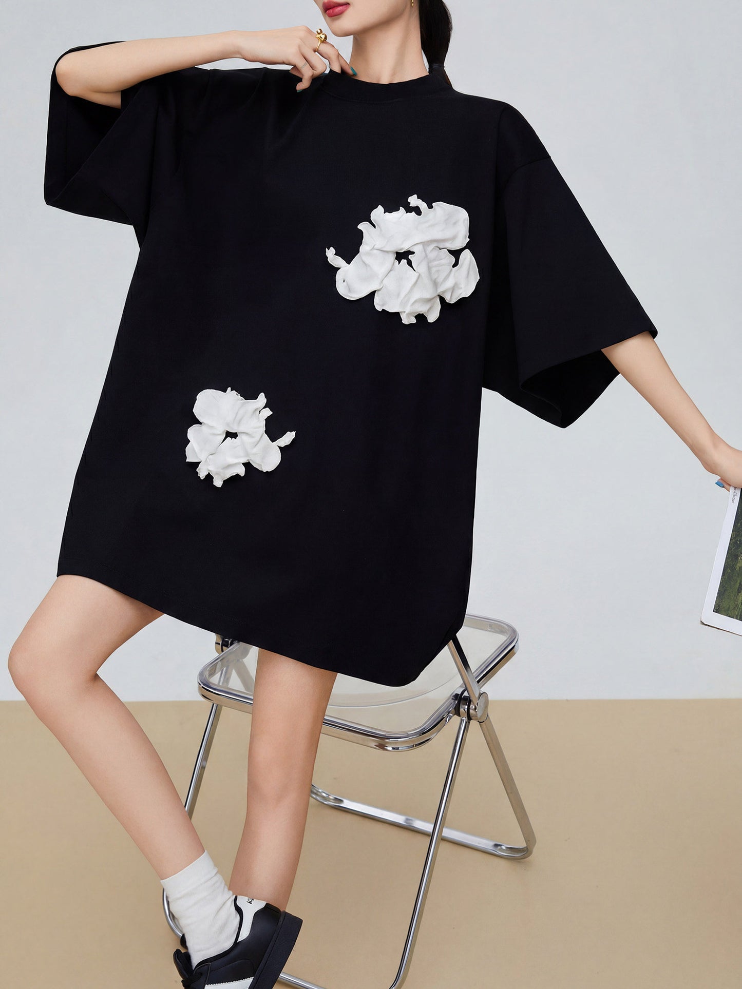 Flower Motif Oversized T-Shirt Dress FER0254