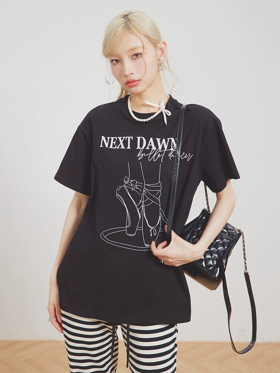 Ballet Shoes Print Loose T-Shirt NXD0006