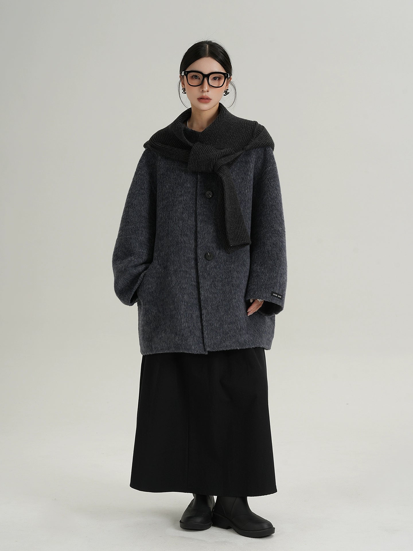 Hood Scarf Mid Length Wool Coat SRS0358