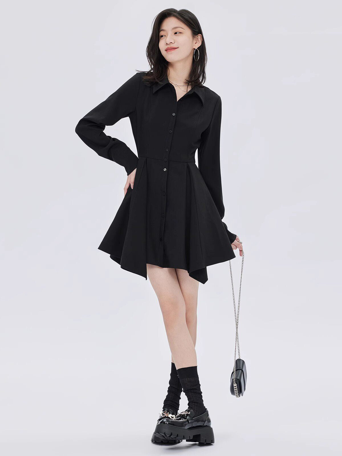 Fitted Long-Sleeve Shirt Mini Dress SHN0056