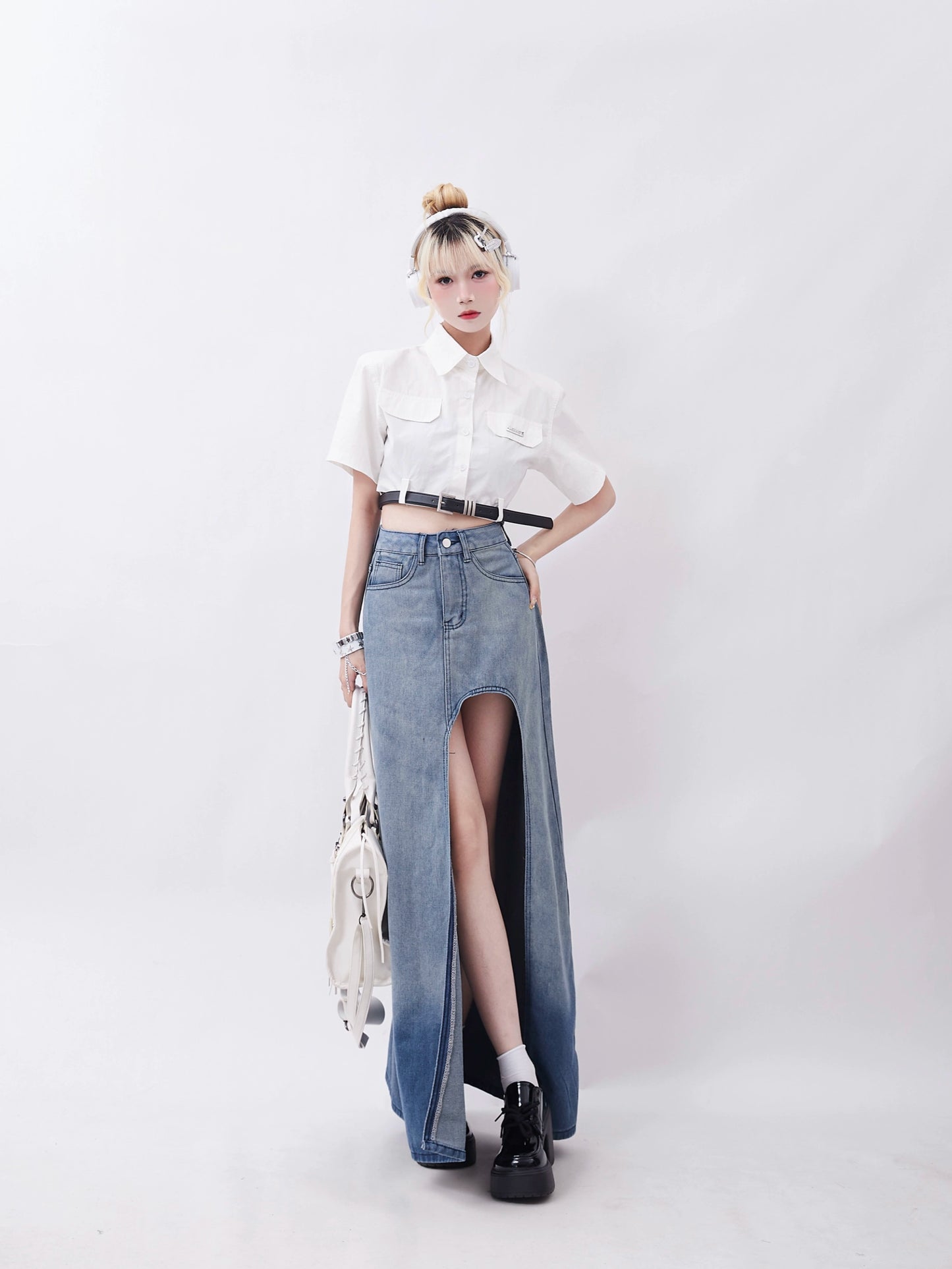 Open Cut Long Denim Skirt RHP0013