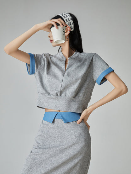 Blue Color-Block Ribbed Zip Top / Long Skirt FER0312