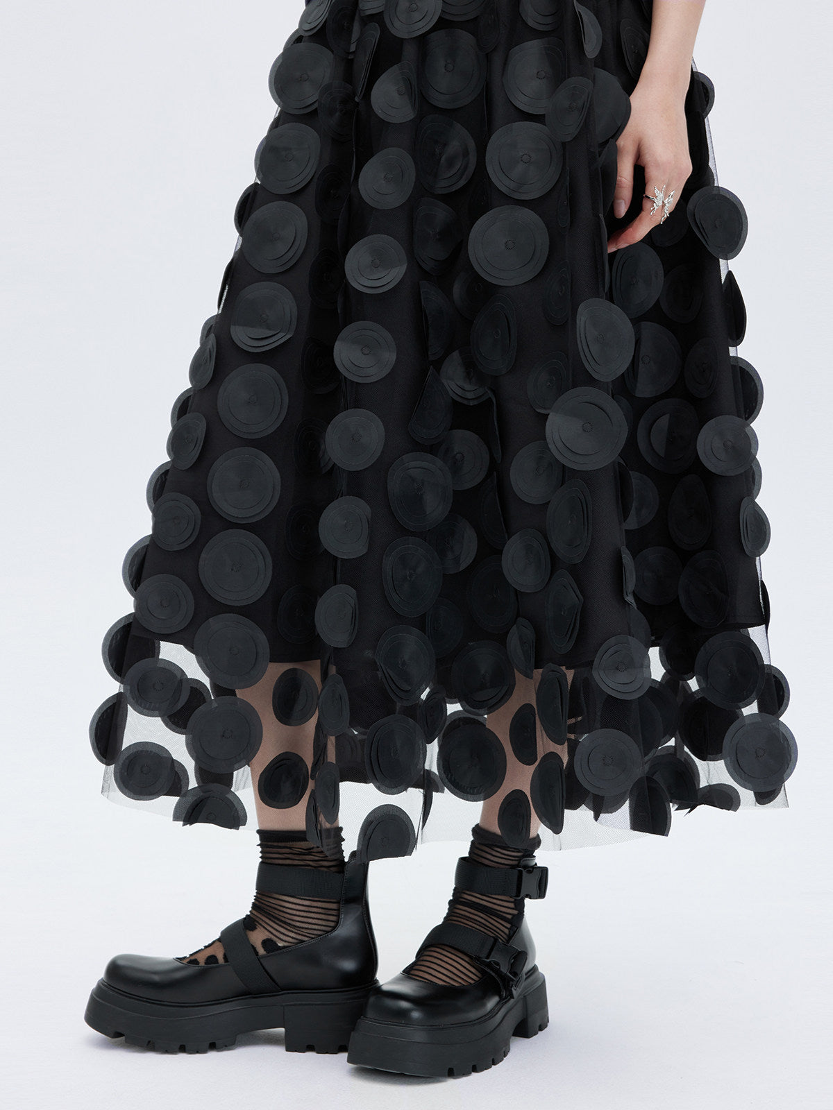 Patch Embroidered Flared Mesh Skirt SHN0003