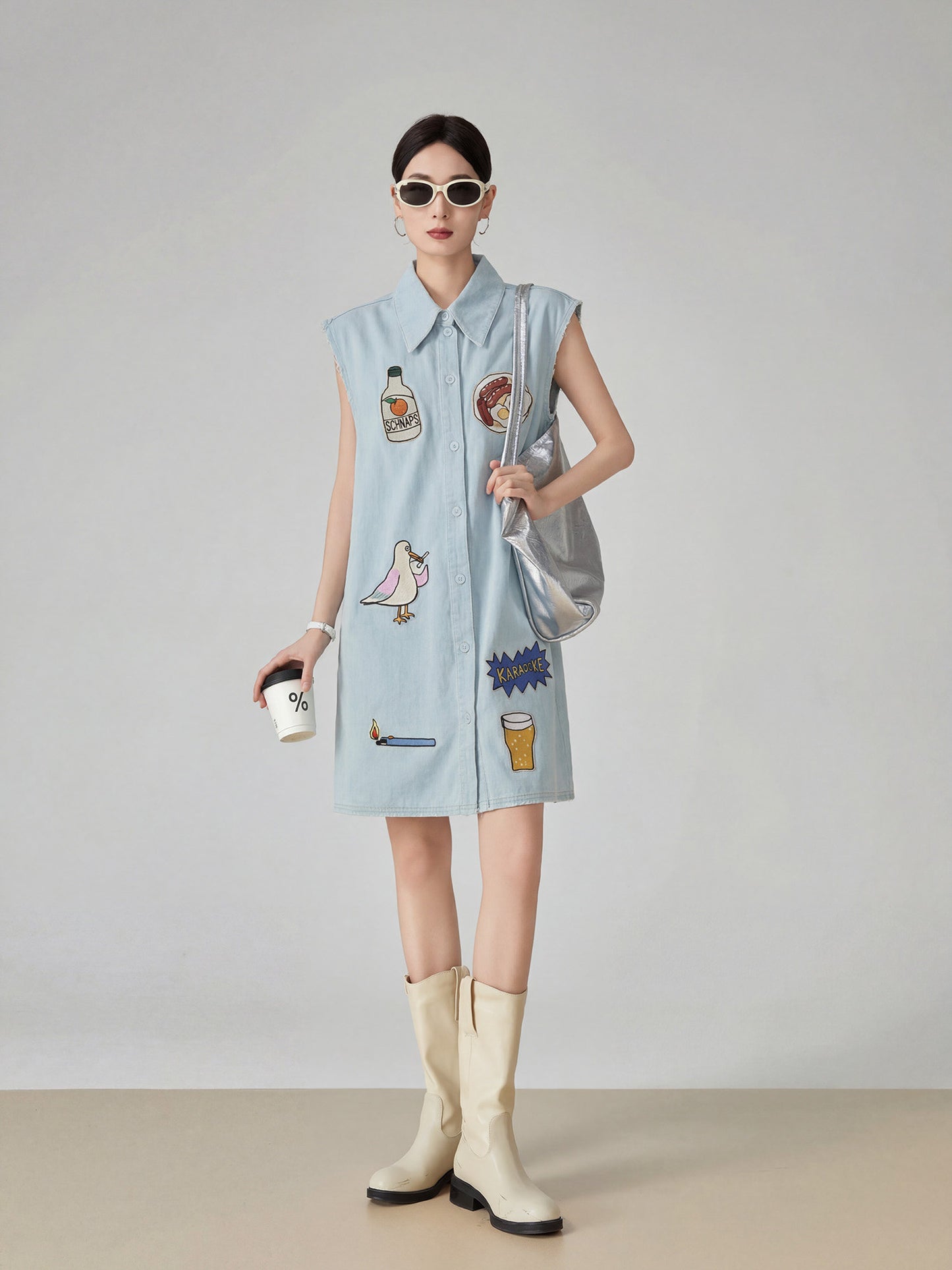 Patchwork Sleeveless Denim Shirt Dress FER0204