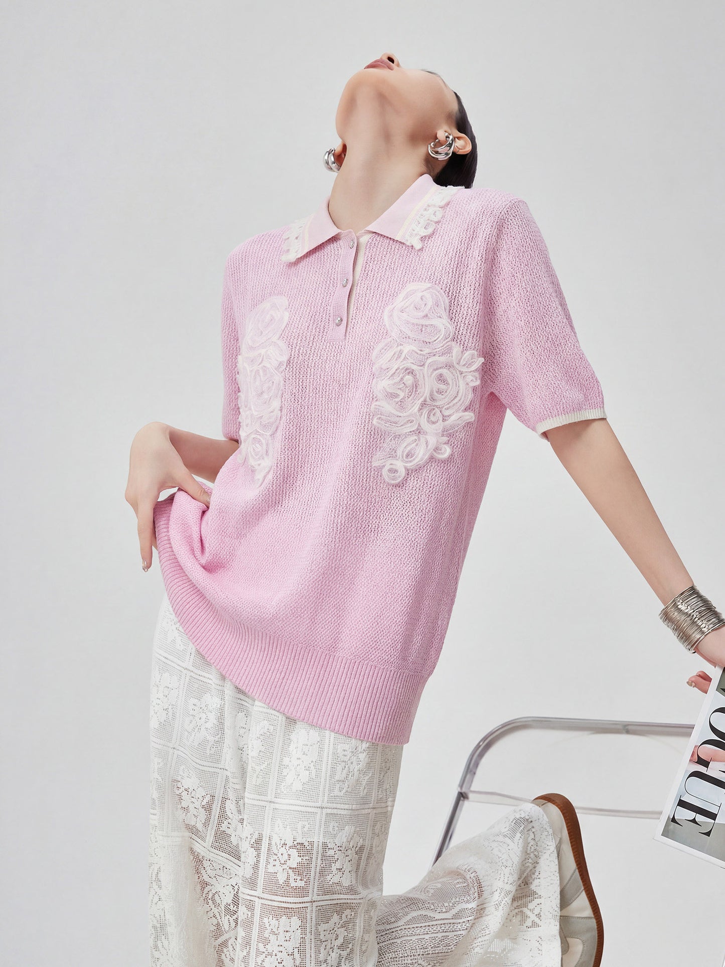 Sheer Short-Sleeve Polo Knit FER0261