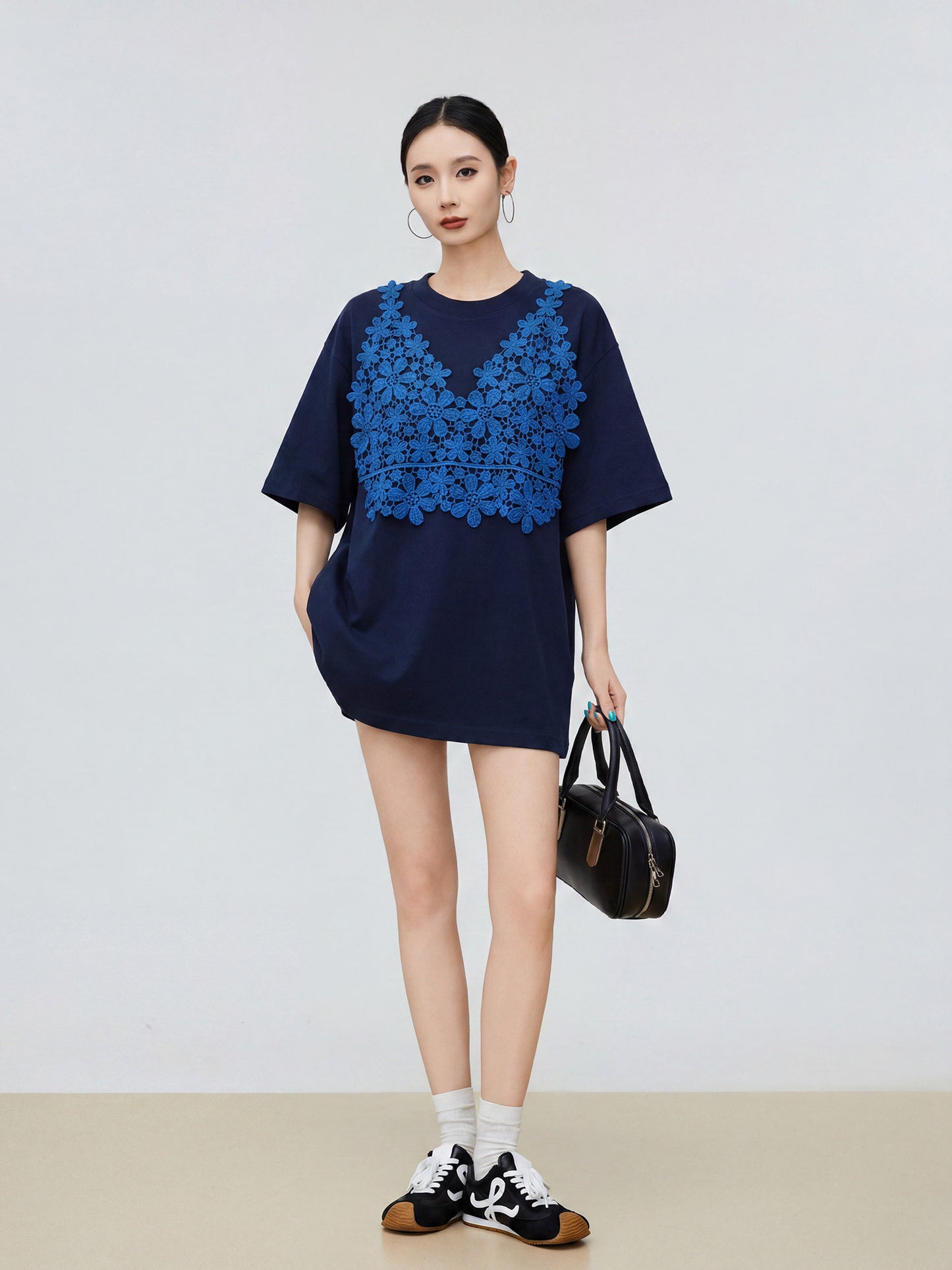 Flower Lace Docking Short-Sleeve T-Shirt FER0325