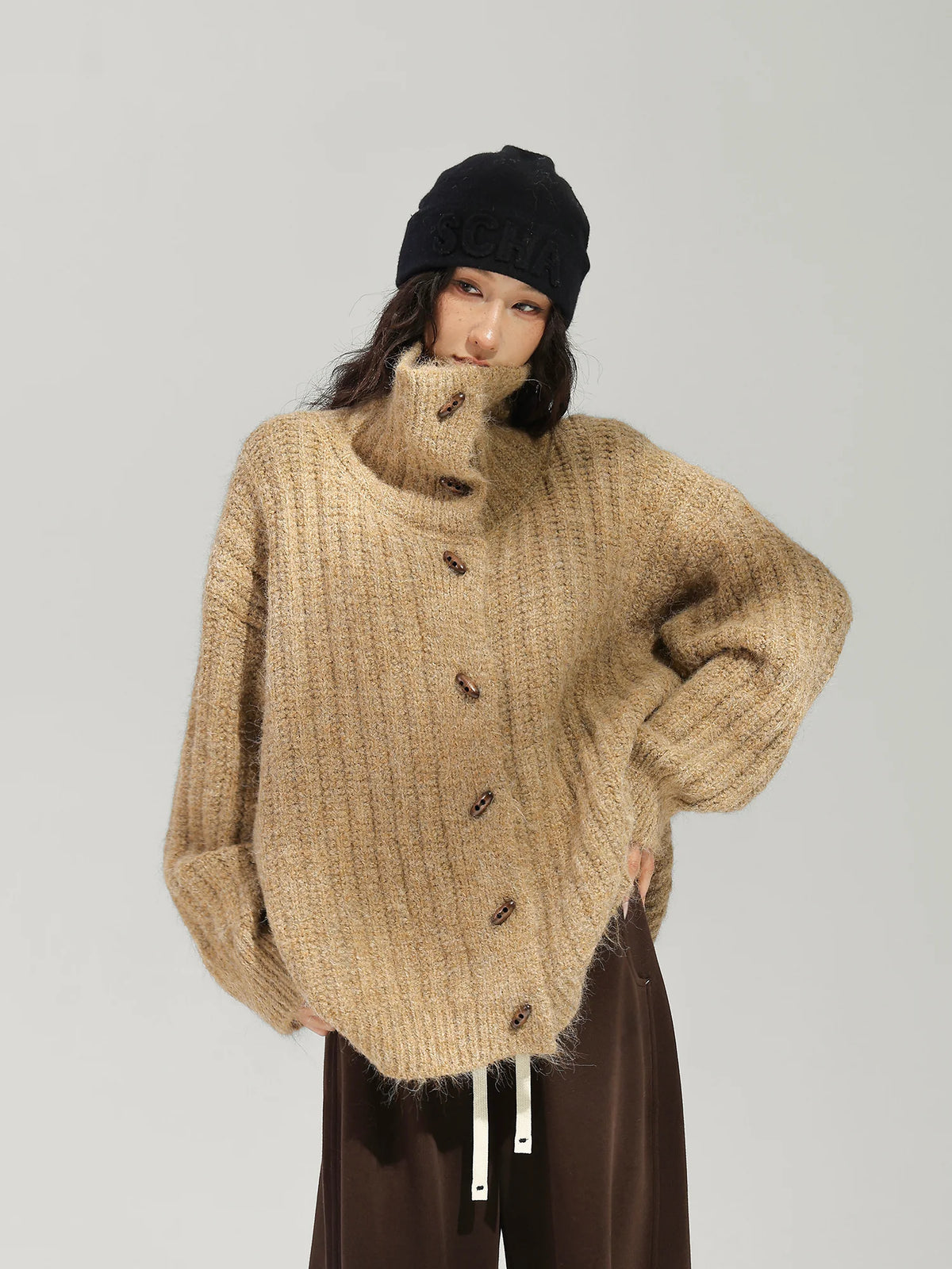 Stand Collar Ribbed Knit Cardigan ACS0392