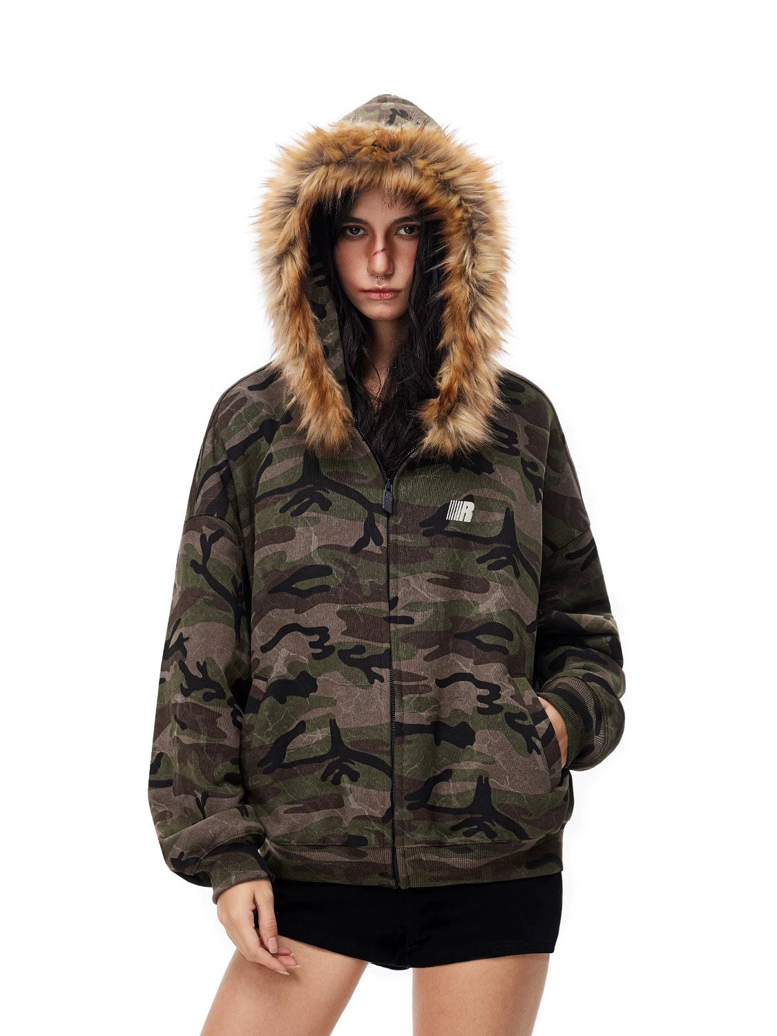 Camouflage Pattern Fur Collar Zip Jacket  FDR0012