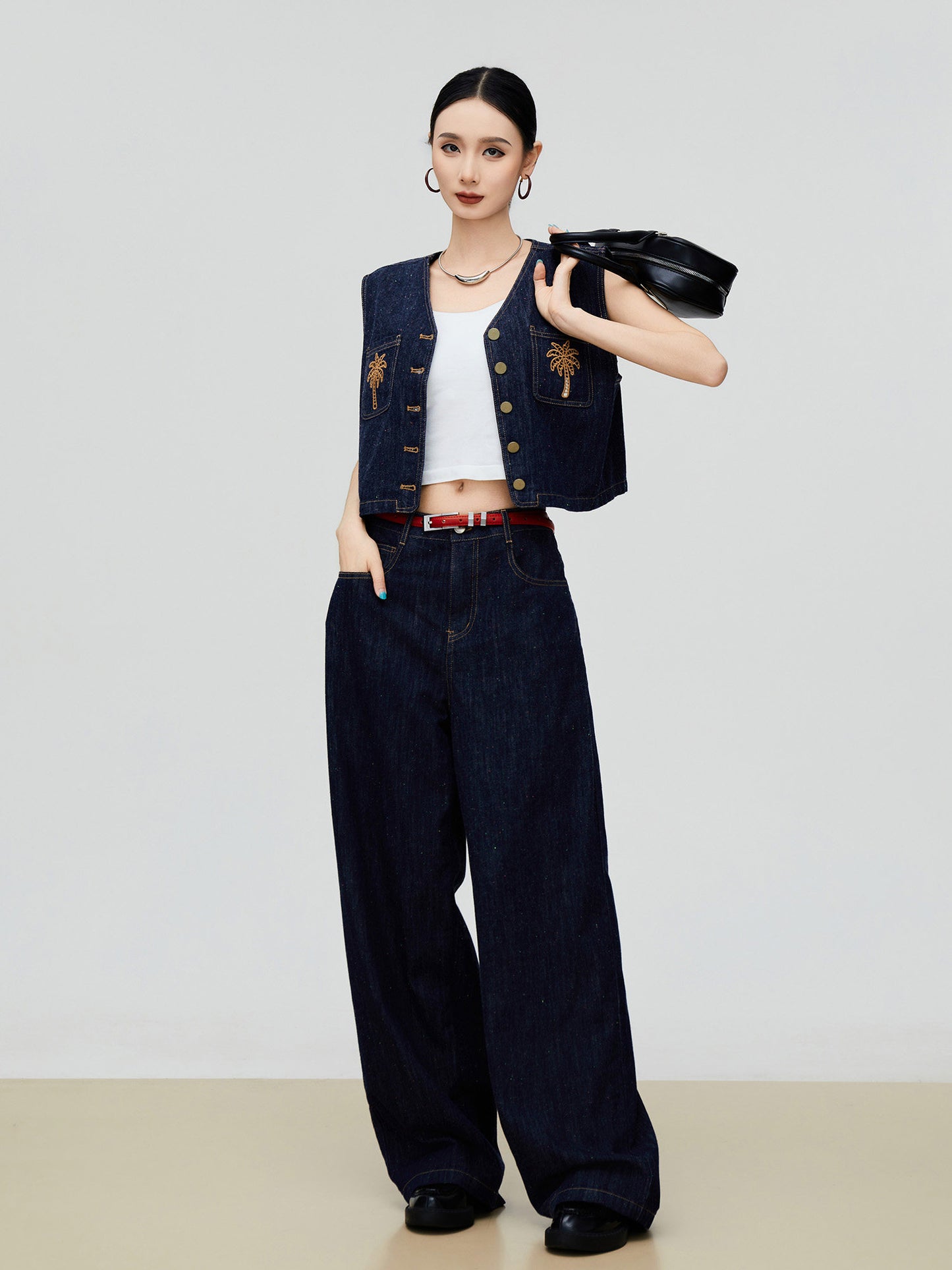 Palm Tree Embroidered Denim Vest / Wide Pants FER0303