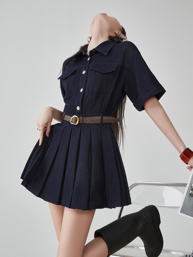Ruffle Polo Collar Denim Dress FER0105