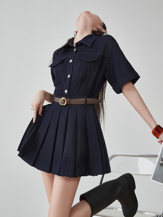 Ruffle Polo Collar Denim Dress FER0105