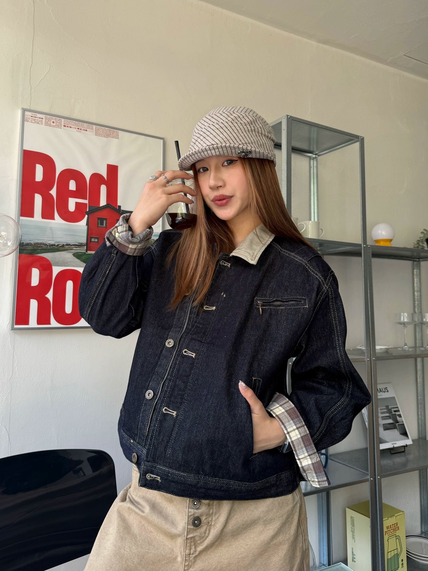 Retro Patched Collar Plaid Denim Jacket CYE0038